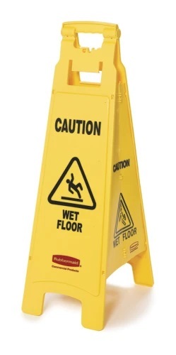 Vierzijdig opvouwbaar waarschuwingsbord met meertalig symbool 'caution wet floor'.